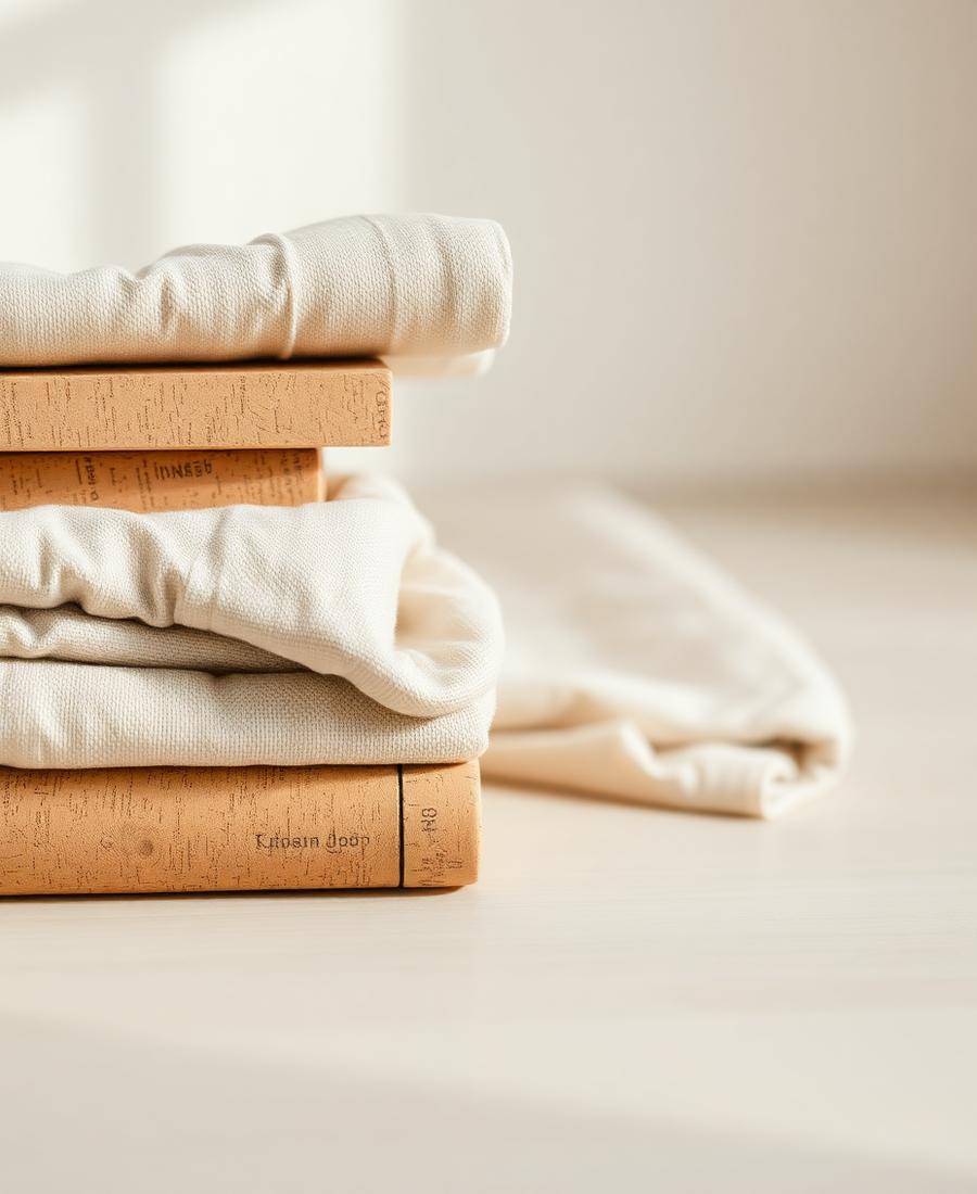 Cork yoga blocks and folded cream blankets on pale wood