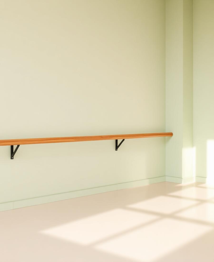 Wooden ballet barre against a sage green studio wall