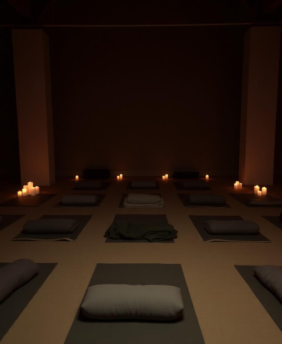 Candlelit restorative yoga room with bolsters laid out
