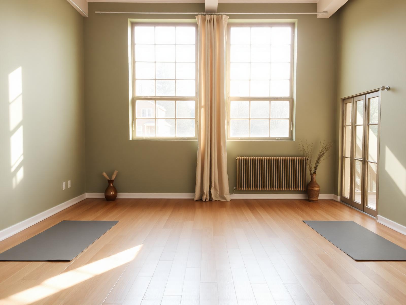 Sunlit Solstice Studio practice room with pale oak floors and sage walls